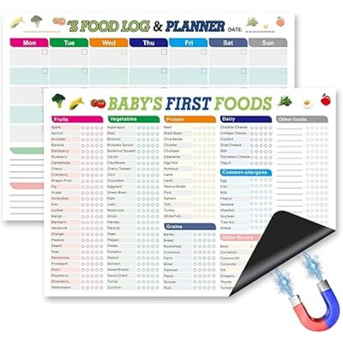 Baby’s First Foods Tracker Magnets Set of 2, 101 Foods Before 1 Checklist, Reusable Dry Erase Meal Planner & Daily Food Log for Fridge, Nutrition Poster for New Parents (10x14in)