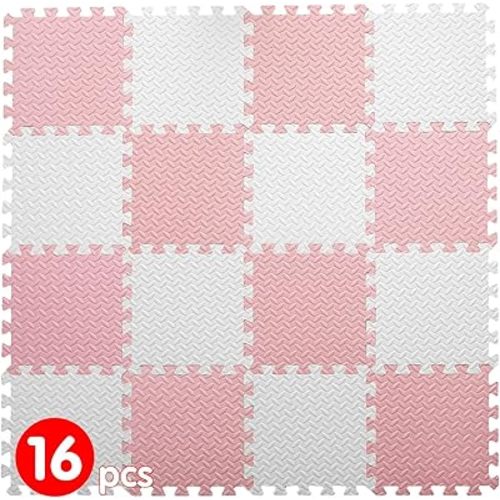 16 Tiles Foam Play Mat for Baby, Soft & Safe EVA Foam Mats for Floor, Square Baby Play Mat, Kids Foam Puzzle Floor Mat, 47x47 Play Mat for Playpen(White/Loli Pink)