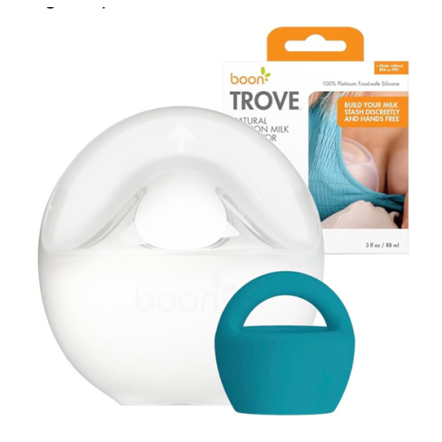 Boon Trove Silicone Manual Breast Pump Set - Hands Free Breast Milk Collector - Includes Polyester Travel Pouch - Breastfeeding Essentials - 2 Count