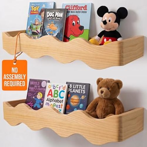 Ovalo Nursery Book Shelves Set of 2 - Solid Pine Wood Nursery Bookshelf, Floating Nursery Shelves for Wall, Wall Bookshelf for Kids Room, No-Assembly Wall Mounted Baby Book Shelf. (Natural Wood)