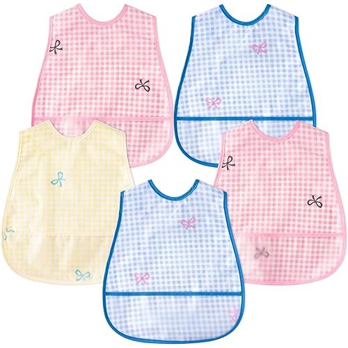 R HORSE 5Pcs Baby Bibs Set Toddler Bibs with Crumb Catcher Pocket & Snap Button Waterproof Baby Feeding Bibs for 6-24 Months
