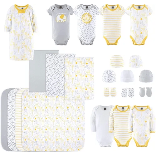 The Peanutshell Newborn Layette Gift Set for Baby Boys or Girls - 23 Piece Gender Neutral Newborn Clothes & Accessories Set - Safari Themed