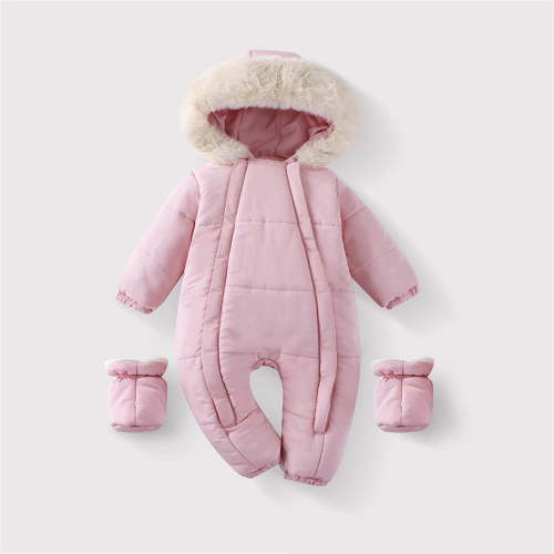 Baby Winter Snowsuit Toddler Fleece Romper Hooded Jumpsuit Infant Boys Girls Warm Zipper Outerwear with Foot Cover Pink 9-12 Months