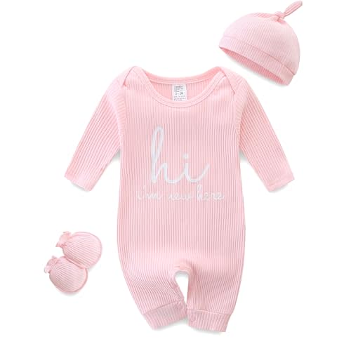 Baby Romper with Baby Mittens & Newborn Hats Footless Long Sleeve Solid Onesie Hi Im New Here