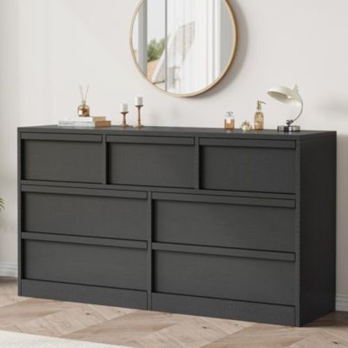 7 Drawer Dresser for Bedroom, Black Dresser Organizer with Concave Handles, Modern 7 Chest of Drawers for Bedroom Living Room Nursery