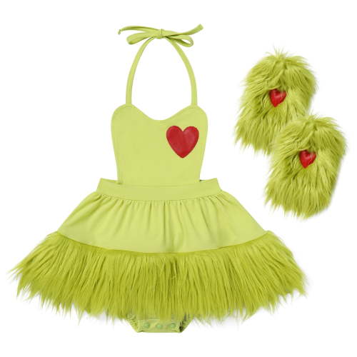 IWEMEK Girl Outfit Stylish Chic Elf Baby Costume Hanging Neck Strap Dress with Furry Hem Gloves Heart Bodysuit 6M-6T