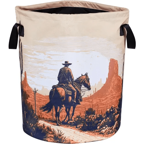 Western Cowboy Laundry Basket Desert Riding Foldable Waterproof Oxford Cloth Funny Tote Bag Laundry Hamper Clothes Storage Bucket Toy Organizer For Bathroom/Laundry Storage/Bedroom17.7x13.7 Inch