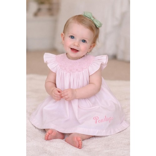 Personalized Baby Girl Smocked Dress – Light Pink Flutter Sleeve Cotton Infant Dress, 6-18 Months