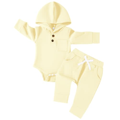 U·nikaka Baby Hooded Romper Set Long Sleeve Bodysuit and Jogger Pants | Snap/Button Closure;Ribbed Cuffs & Ankles;Elastic waist pants;Hooded and Chest Pocket Design