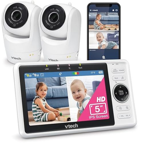 VTech 2-Cameras Smart WiFi Baby Monitor with 1080p FHD Camera and 5" HD IPS Screen, Free App with Motion Video, Sound/Motion Detection and Notifications, Split-Screen, Pan-Tilt-Zoom: VM901-2HD