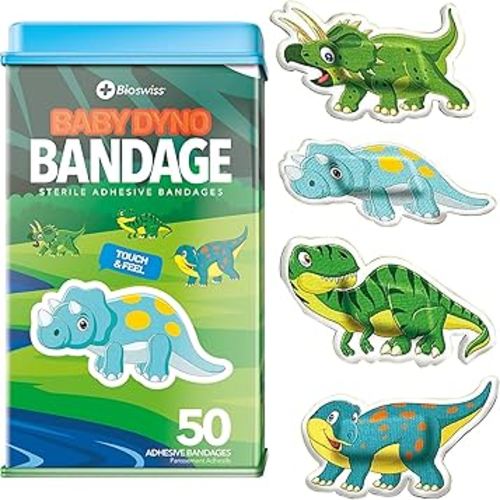 BioSwiss Kids Bandages, Baby Dino Shaped Self Adhesive Bandage Set, Latex Free, Sterile Wound Care, 50 Count