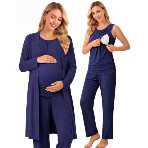 Women 3PCS Maternity Robe Sets Nursing Pajamas Postpartum Breastfeeding Pjs | Women Labor Delivery Robe,Maternity Loungewear Set,Comfy Nursing Top & Pant,3PCS Postpartum Lounge Set,Hospital Pregnancy Pjs