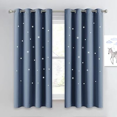 NICETOWN Kids Curtains for Boy's Bedroom, Laser Cutting Star Galaxy Curtains Energy Saving Window Treatment Grommet Thermal Insulated Drapes for Baby Room/Nursery, 1 Pair, 52W x 63L, Stone Blue