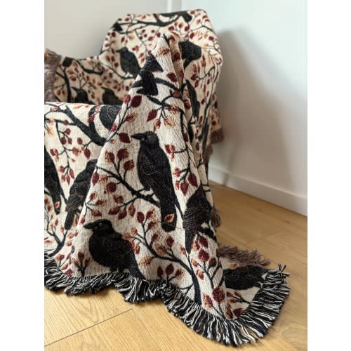 Raven Woven Blanket Halloween Home Decor Gothic Boho Fall Throw Blanket Bird Tapestry Blanket