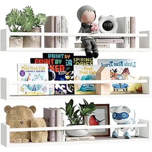 Fixwal Nursery Book Shelves, 23.6 Inch Floating Bookshelf for Wall, Set of 3, Nursery Decor, Solid Wood Wall Mounted Shelves for Books, Toys and Decor Storage (White)