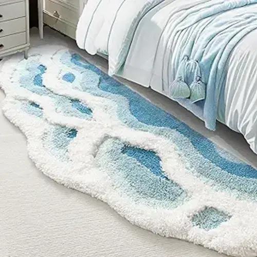 Soft Shag 3D Stereo Wave Moss Bedside Rug 20"×36" Cute Navy Blue Runner Rug Non Slip Washable Bathroom Rugs Bath Mats for Bedroom Bathroom Hallway Home Decor Indoor Doormat Shower Mat