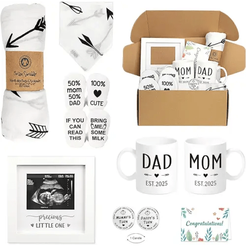 Pregnancy Gifts for New Parents Est 2025- New Mom Gifts Basket for Pregnancy Announcement, Baby Shower - Mom & Dad Mugs, Decision Coin, Ultrasound Frame, Swaddle Blanket, Bib, Socks