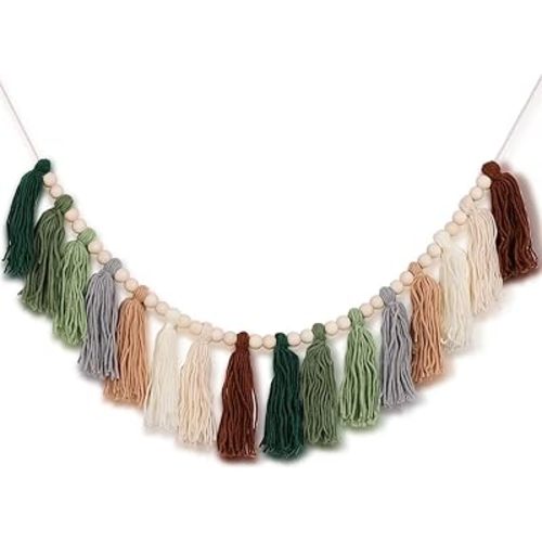 Green Tassel Garland with Wood Bead Jungle Leaves Garland Banner for Spring Party Nursery Kids Bedroom Room Wall Classroom Birthday Baby Wall Decor for Dorm, Girls Room and Nursery Room - Olive Green