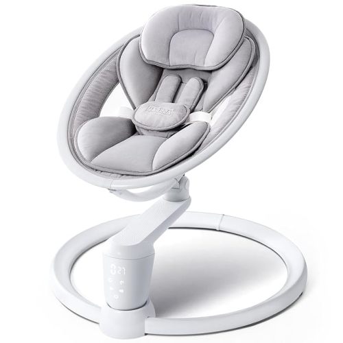 HARPPA Electric Baby Swings for Infants and Newborns, Baby Swing with 5-Point Harness, 5 Speeds and Remote Control 10 Built-in Melodies, 2 Seat Positions & 180° Rotation for Indoor Use, Dove Gray