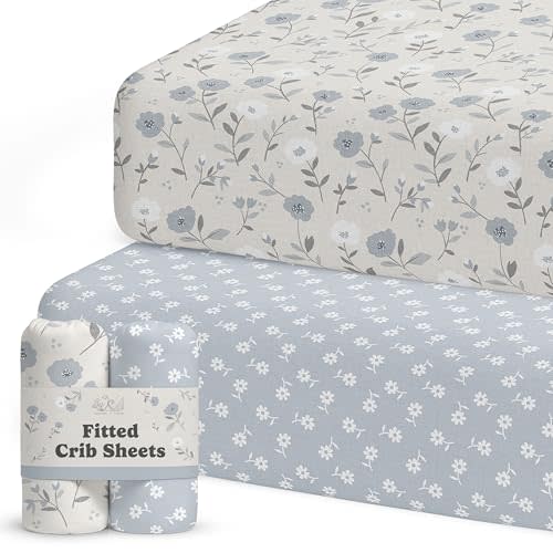 Crib Sheets for Boys & Girls – 2 Pack Fitted Baby Crib Sheets Neutral for Standard & Toddler Bed Mattress – Buttery Soft Organic Cotton Blend (Linnea Blue Floral)