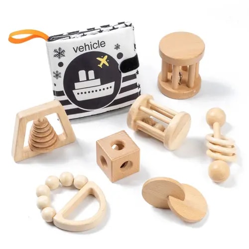 Montessori Wooden Baby Rattle Set with Soft Sensory Book