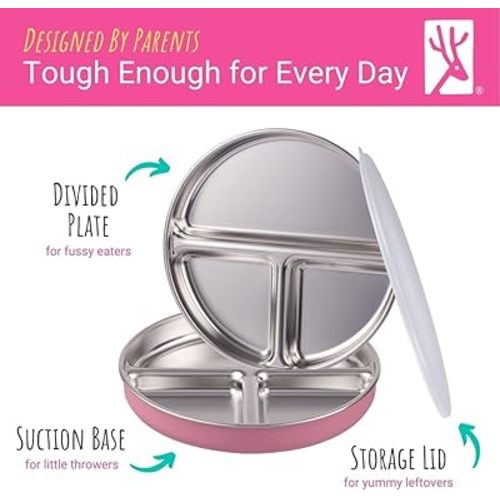 Elk and Friends Stainless Steel Divided Plates with Silicone Sleeve for Babies & Toddlers | Lids Included | Stay Put Suction | Dinner & Snack Plates | 4 Pack