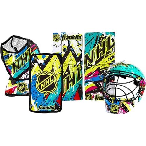 Franklin Sports NHL Youth Knee Hockey Goalie Pads + Helmet Set - Kids Knee + Mini Hockey Goalie Gear + Equipment - (2) Leg Pads, Catch Glove, Blocker + Mask Included - Graffiti