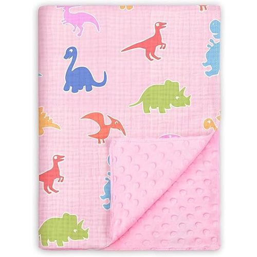 Baby Blankets for Girls, Pink Dinosaur Soft Nursery Minky Blanket with Muslin Cotton Front and Dotted Fleece Backing Lightweight Bed Throw Blanket 30 x 40 Inches