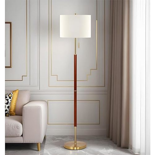 62" Walnut Gold Floor Lamp for Living Room, 1200LM 3-Way Dimmable Mid Century Modern Floor Lamp for Bedroom Office, Wood Vintage Standing Lamp Linen Shade, LED Bulb Included