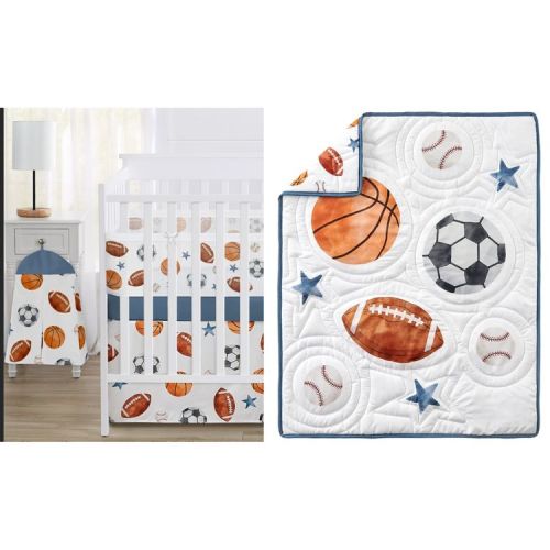 Sweet Jojo Designs Boy Baby Mini Crib Bedding Set - Watercolor Sports Theme Blue Brown and Orange 3pc