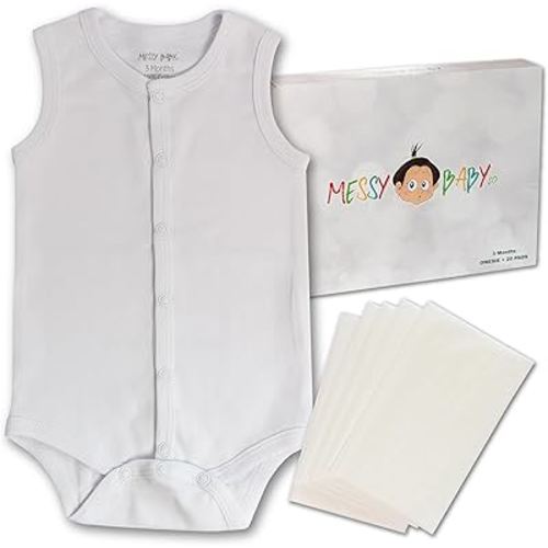Messy Baby Co. Blowout Protection Kit for 3-Month-Olds – Snap-Front Baby Onesie & 20 Disposable Pads – Easy Cleanup for Diaper Blowouts On-The-Go