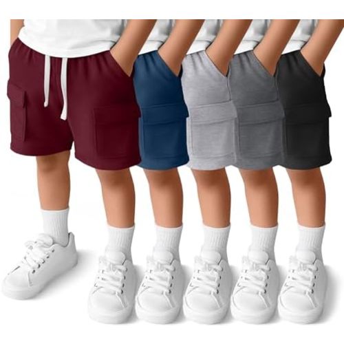 5 Pack Baby Boy Cargo Shorts 18M-5T Pull On Toddler Drawstring Elastic Waist Shorts Loose Pockets Summer Clothes