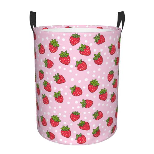 PHELIKA Strawberry Pink 01 Laundry Basket 65L Large Foldable Round For Dirty Clothes Toy Storage