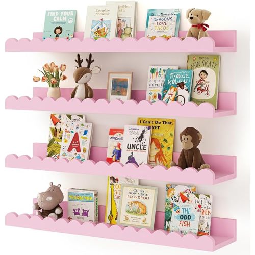Shario Nursery Book Shelves, 4-Pack White Floating Shelves for Wall Kids, Scalloped Shelves, Wall Book Shelves for Bedroom Kids, Toddler Room, Baby Room, Nursery Decor(Pink, 23 Inches)