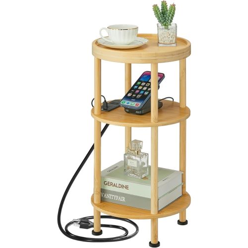 3-Tier Bamboo Round Side Table with Charging Station, Small Round Bamboo End Table with USB Ports & Power Outlets - Corner Table Sofa End Table for Living Room, Bedroom (with Outlet, Natural)