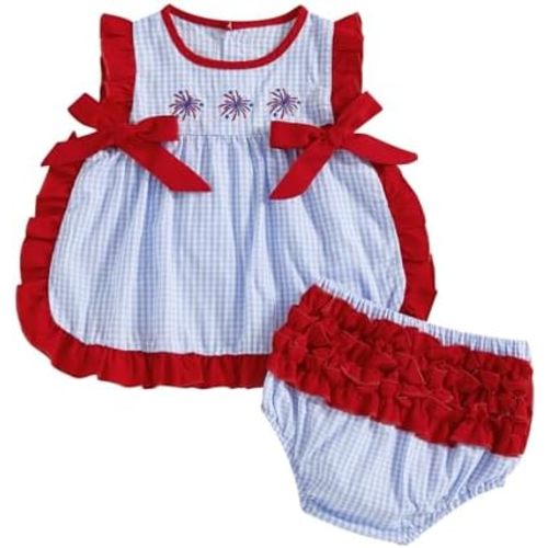 Infant Toddler Baby Girl 4th of July Outfit USA/Firework Plaid Ruffle Sleeveless Tank Dress Top Bloomers Shorts Set