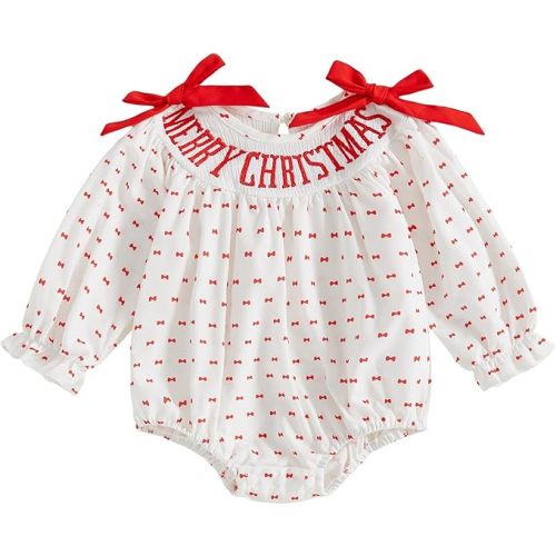 Newborn Infant Baby Girl Christmas Outfit Embroidery Long Sleeve Smocked Bubble Romper Ruffle Bodysuit