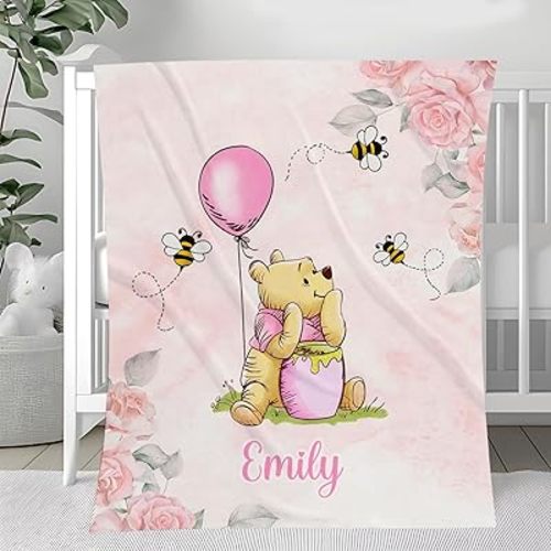 Personalized Pooh Bear Blanket, Classic Winnie Blankets, Customized Baby Blankets for Girls Boy, Bear Throw Blanket, Pooh for Baby, Gift Birthday Christmas for Little Ones, Nursery Décor-01