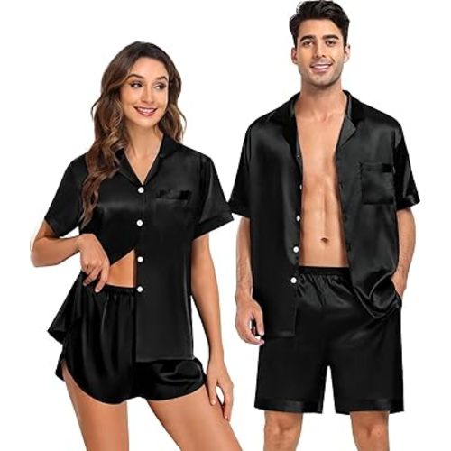 SWOMOG Couple Satin Matching Pajamas Sets Women & Men Short Sleeve Sleepwear Silk Button Down Nightwear 2 Pieces Loungewear