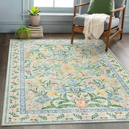 Wonnitar Boho Washable Rugs 8x10, Large Floral Rugs for Bedroom, 8 x 10 Soft Green Living Room Carpet, Non Slip Ultra-Thin Carpet for Kids Playroom Dorm Dining Room