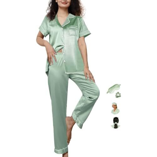 Womens Pajamas Set XS-4XL Silk Satin Pajama Sets Short Pj Sets Button Down Pjs Set Loungewear Sleepwear