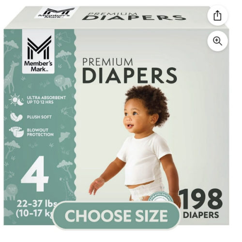 Member's Mark Premium Baby Diapers, size 3, 4, or 5