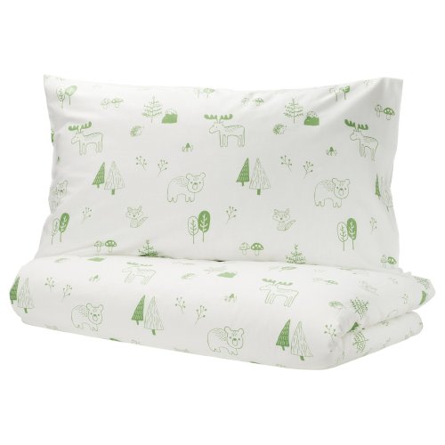 BARNDRÖM Duvet cover and pillowcase(s) - white green/forest Twin