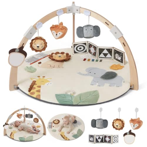 Blissful Diary Baby Play Gym Activity Mat, Wooden Tummy Time Mat Playmat | Safari Animals Sensory Play Mat, 6 Interactive Toys, Stage-Based Development, Washable Playmat, Baby Essentials Shower Gift