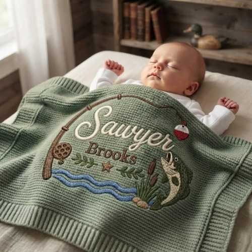 Personalized Knit Fishing Baby Blanket Name, Custom Embroidered Fishing Rod Fish Baby Shower Gift, Welcome Baby Blanket, Keepsake Newborn