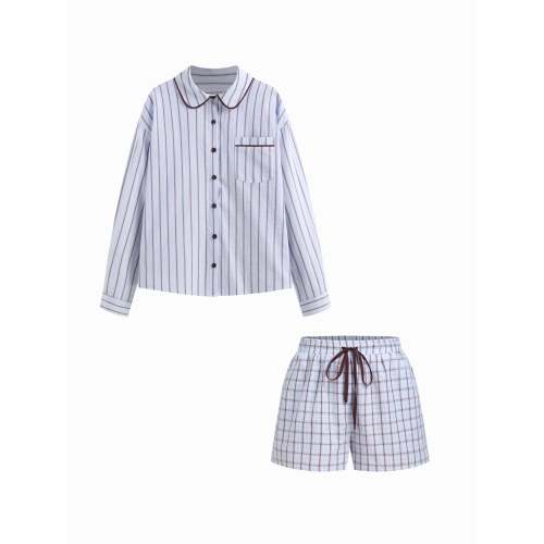 Woven 100% Cotton Collar Stripe Oversized Top & Mid Rise Check Drawstring Shorts Loungewear Set For Bedroom