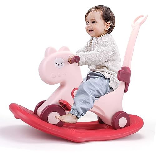 4 in 1 Rocking Horse for Toddlers 1-3 Years Old, Baby Rocking Toy Fun Birthday Gift for 1+ Girls, Ride on Toy with Detachable Balance Board and Footrest, Balance Bike with Push Handle, Pink