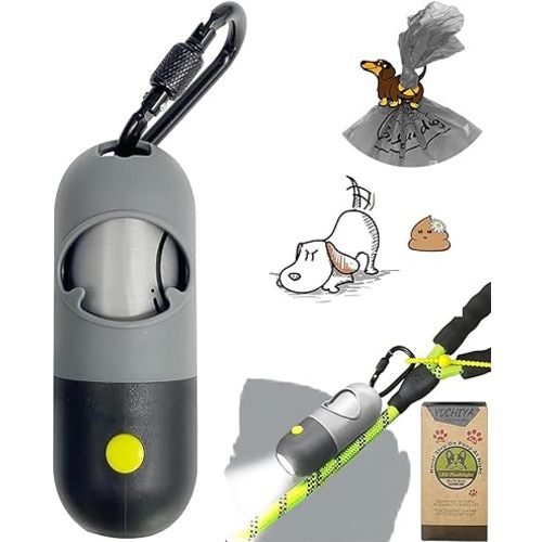 Dog Poop Bag Holder with LED Flashlight for Night Walks,Silicone Tether &Dachshund Pattern Clip for Used Bags, Hands-Free Metal Leash Carabiner, 15 Scented Waste Bags (Gray)