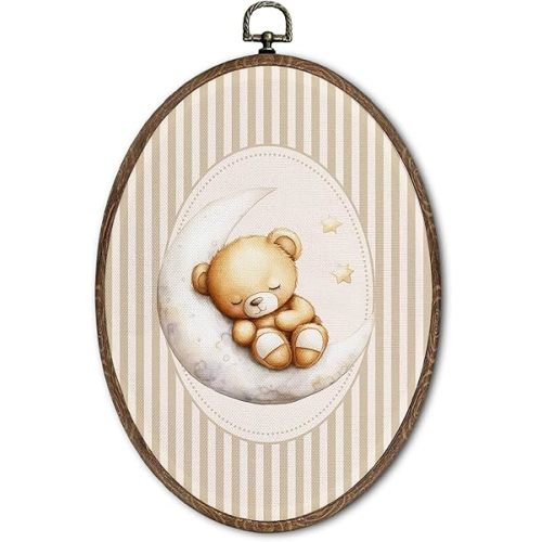 FLAWAFLOMA Vintage Bear Nursery Oval Wall Art Decor, Kids Room Canvas Wall Art Framed, Bear Sleep Hanging Decorations for Toddler Kids Boy Girl Nursery Room Playroom Bedroom Decor, 8.6x11.4 Inch