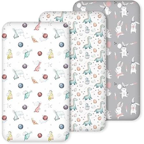 Nap Mat Sheet 47"x24", 3 Pack Dinosaur Baby Crib Sheets Fitted Elastic Corners, Preschool Day Care Rest Mat Cover, Soft Breathable - Compatible with Regalo My Cot, Joovy Travel Cot